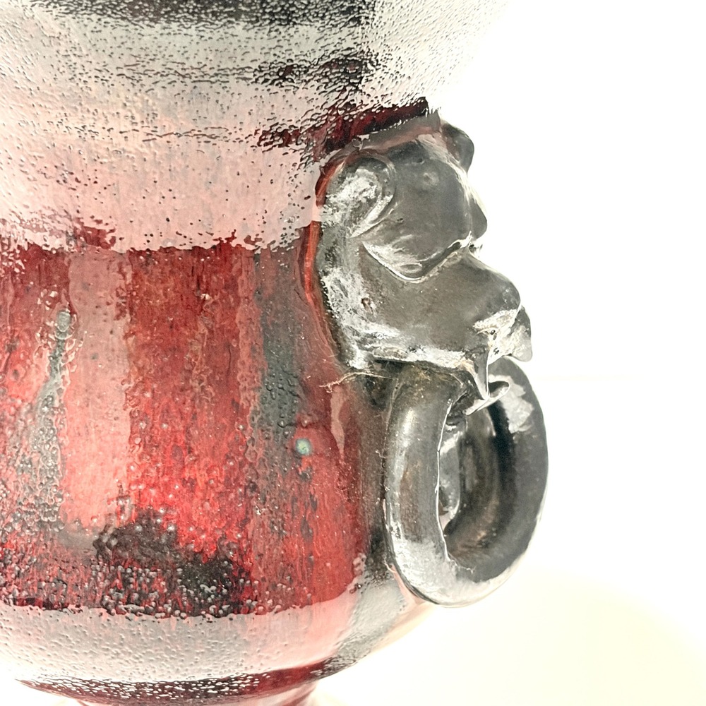 RARE Gargoyle Handle Urn Vase Oxblood Red Black Volcanic Glaze Terracotta 8.5" - Picture 6 of 16